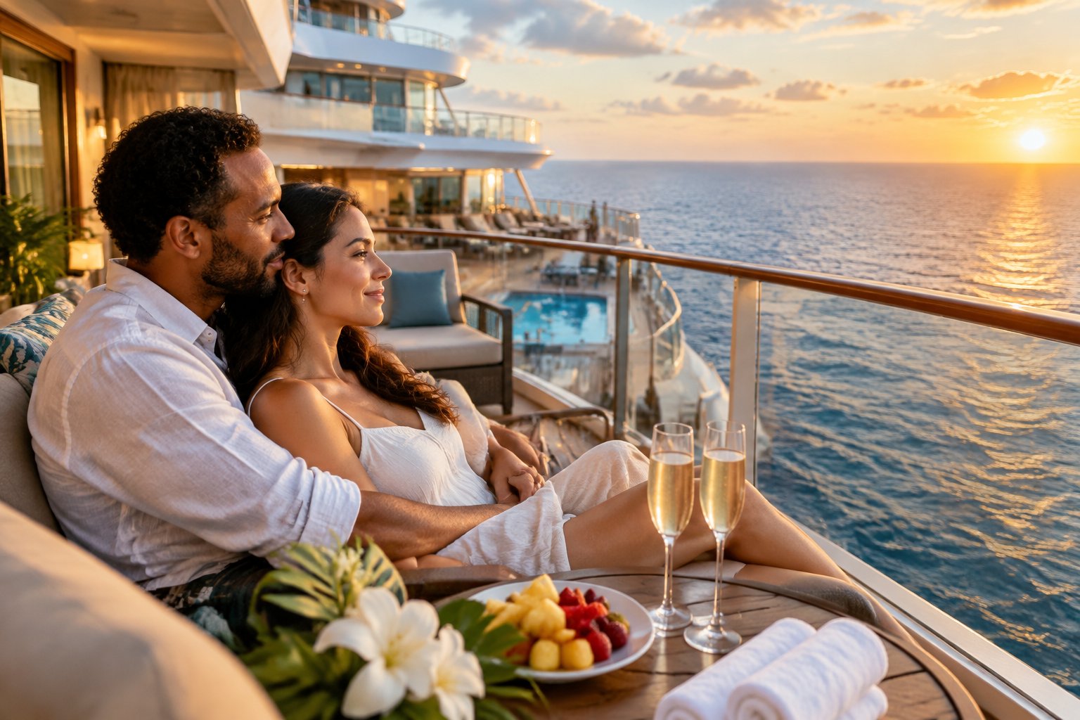 A newlywed couple relaxes together on a luxurious cruise ship balcony overlooking the ocean.