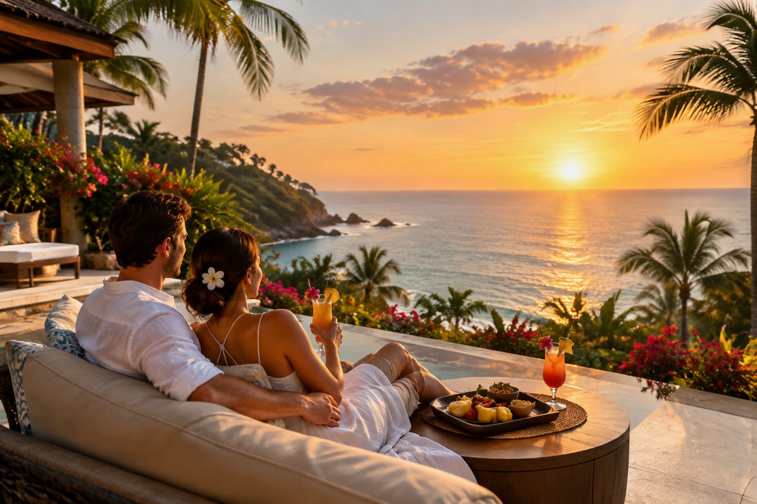 Newlywed couple relaxing together on a tropical Costa Rican resort terrace overlooking the ocean at sunset.