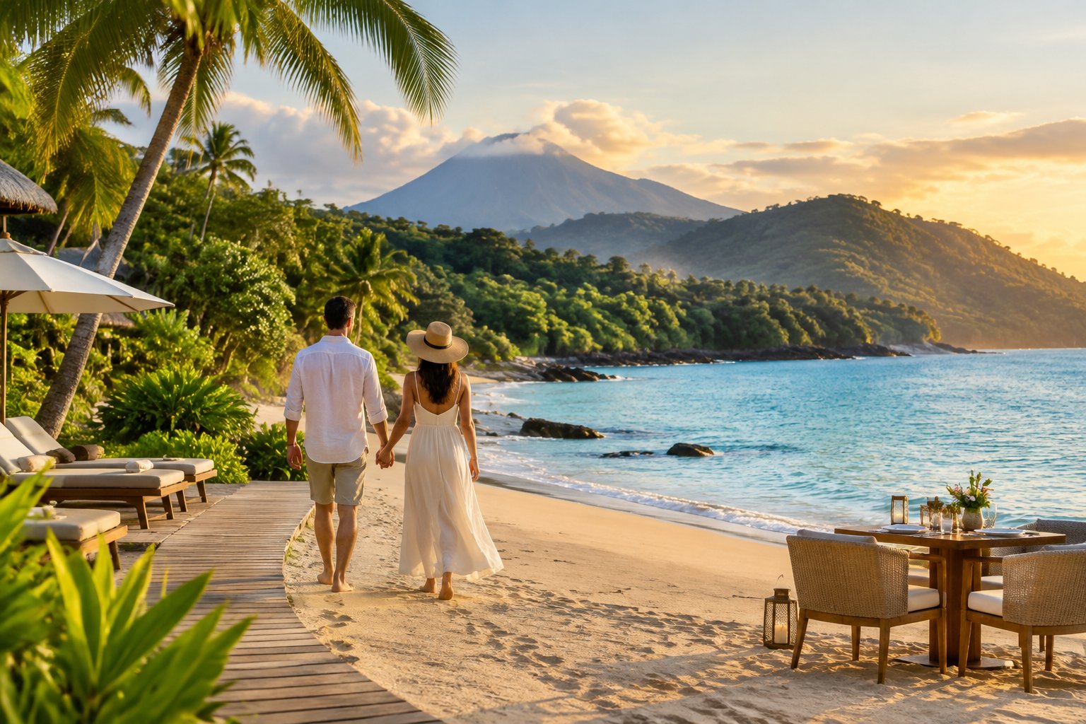 A couple walks hand in hand along a tropical Costa Rican beach beside a lush resort.