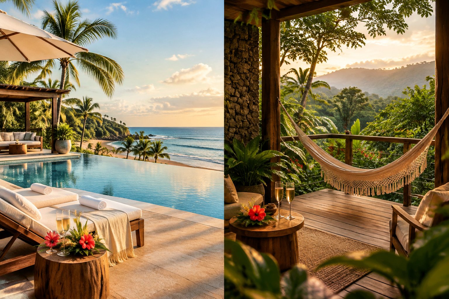 A tropical Costa Rican scene contrasting a luxurious beachfront resort with a secluded rainforest lodge.
