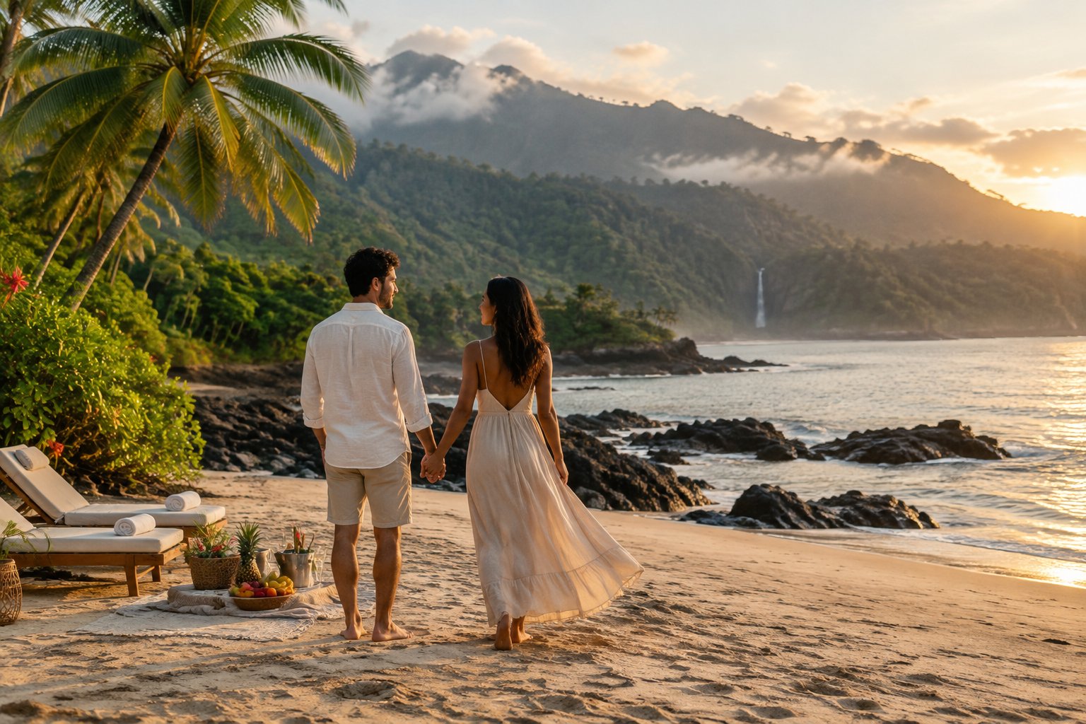 Newlywed couple holding hands on a tropical Costa Rican beach with rainforest-covered mountains in the background.