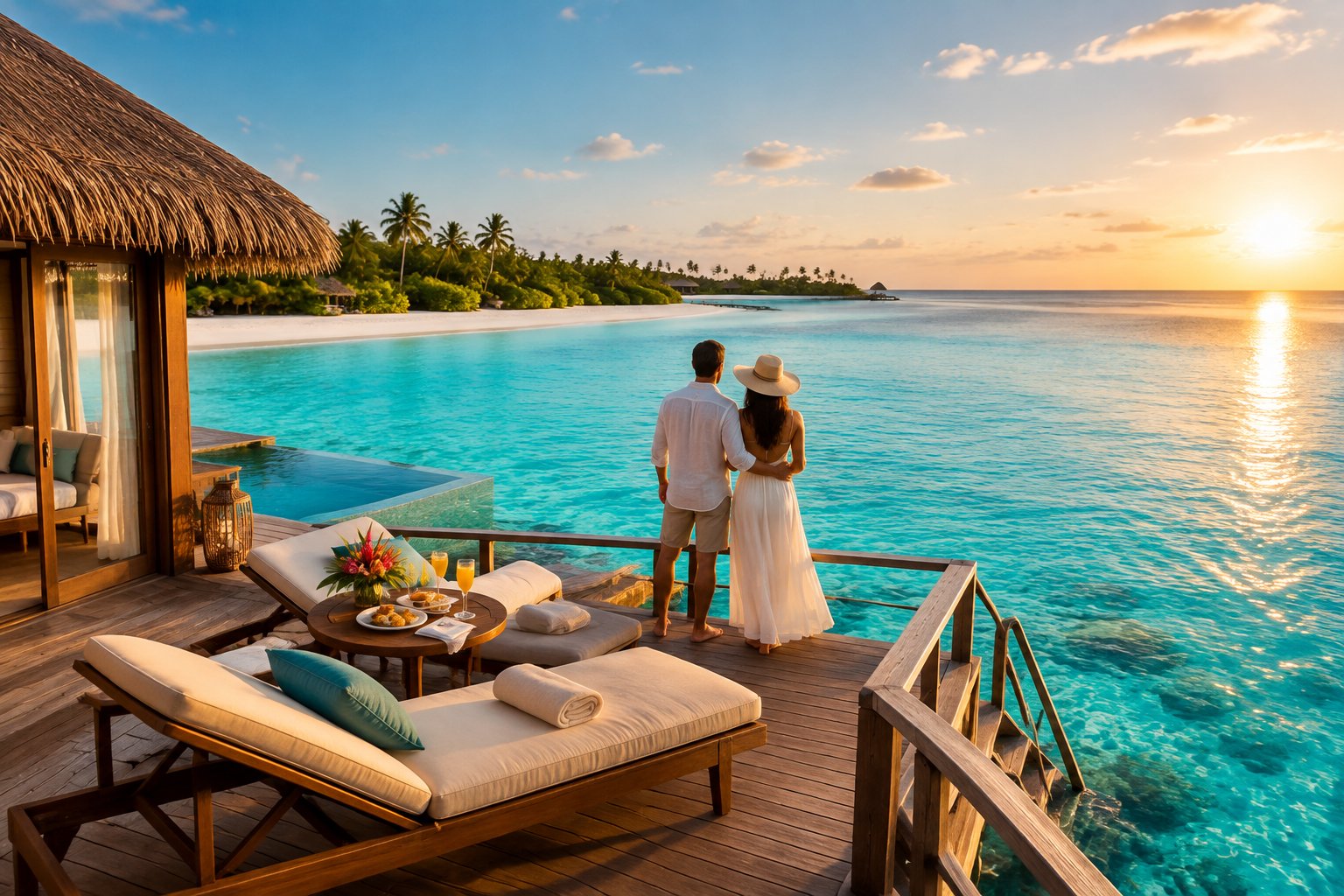 A couple stands on the deck of a luxury overwater villa overlooking the turquoise Maldives lagoon.