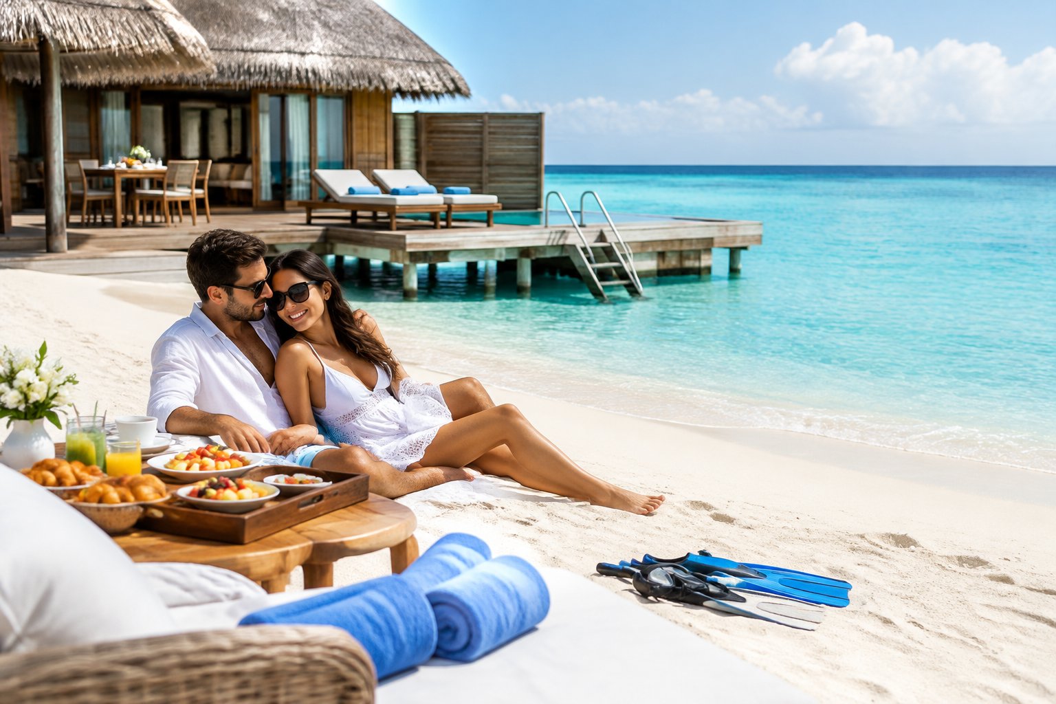 A newlywed couple relaxes beside a luxurious overwater villa on a sunny Maldives beach.