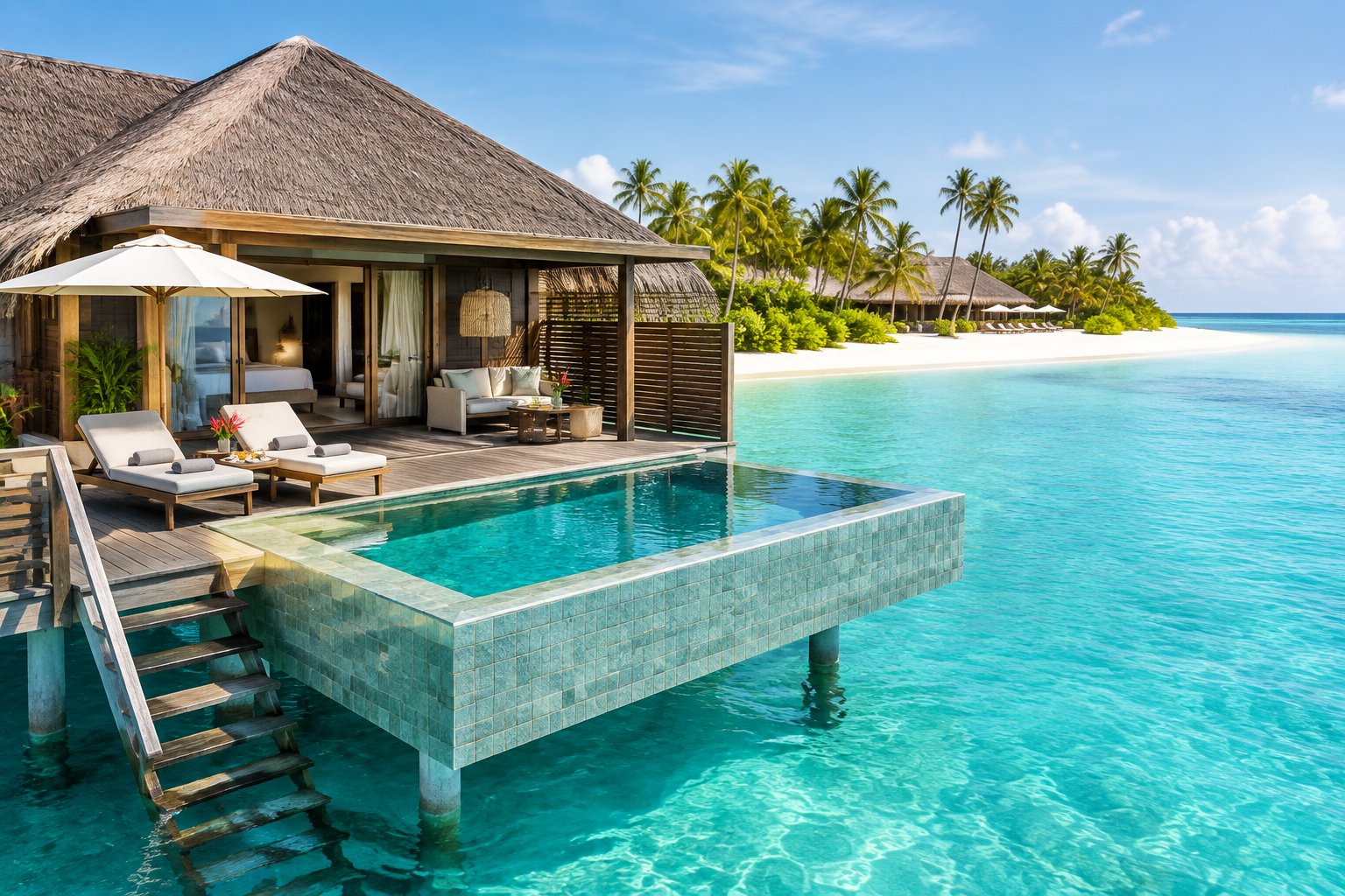 A luxurious overwater villa with a private pool overlooking the turquoise waters of the Maldives.