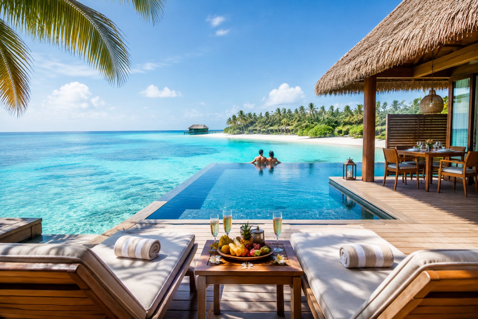 A couple relaxes beside a luxurious overwater villa on a tropical Maldives lagoon.