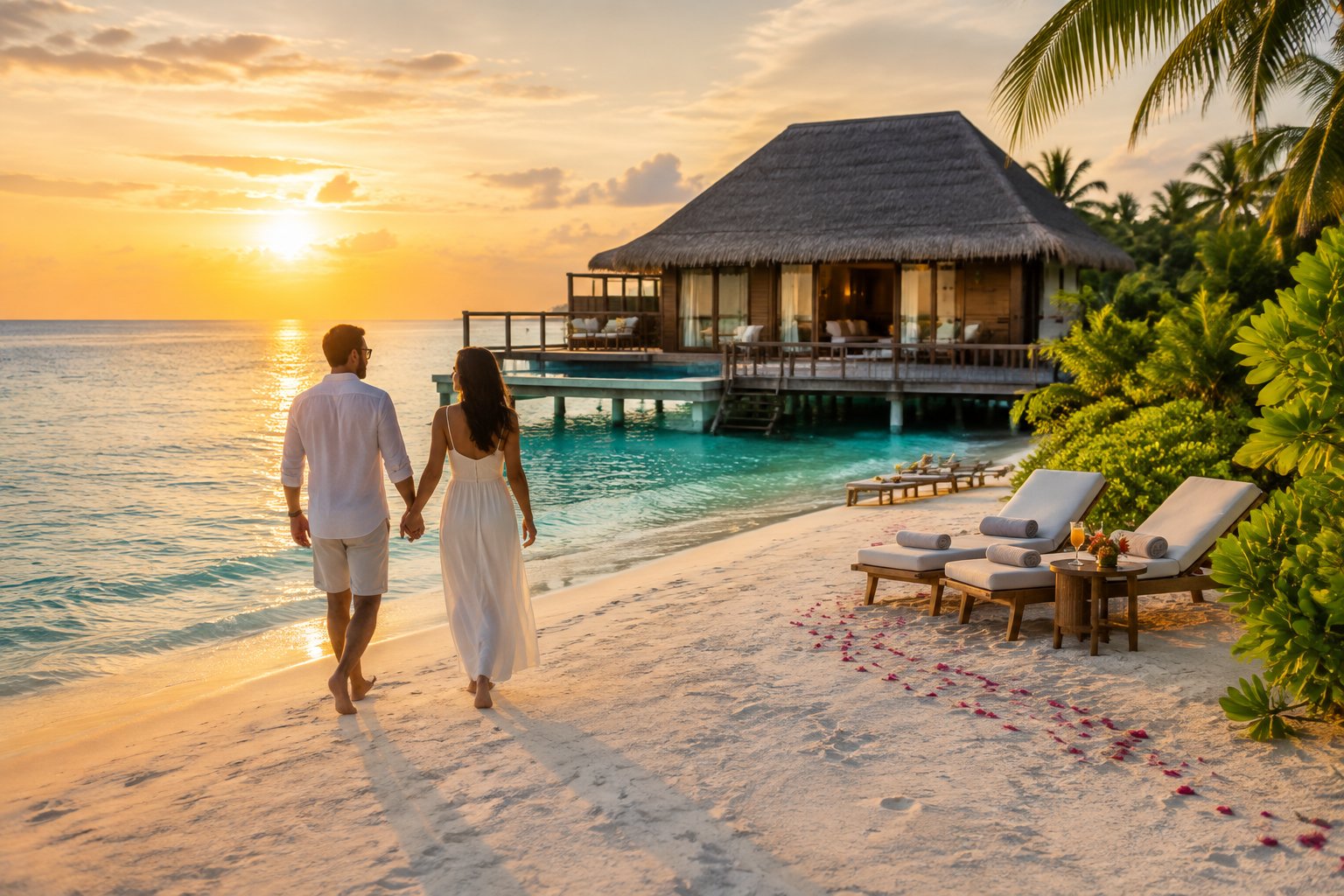 A newlywed couple walks hand in hand on a white-sand beach beside a turquoise lagoon and an overwater villa in the Maldives.