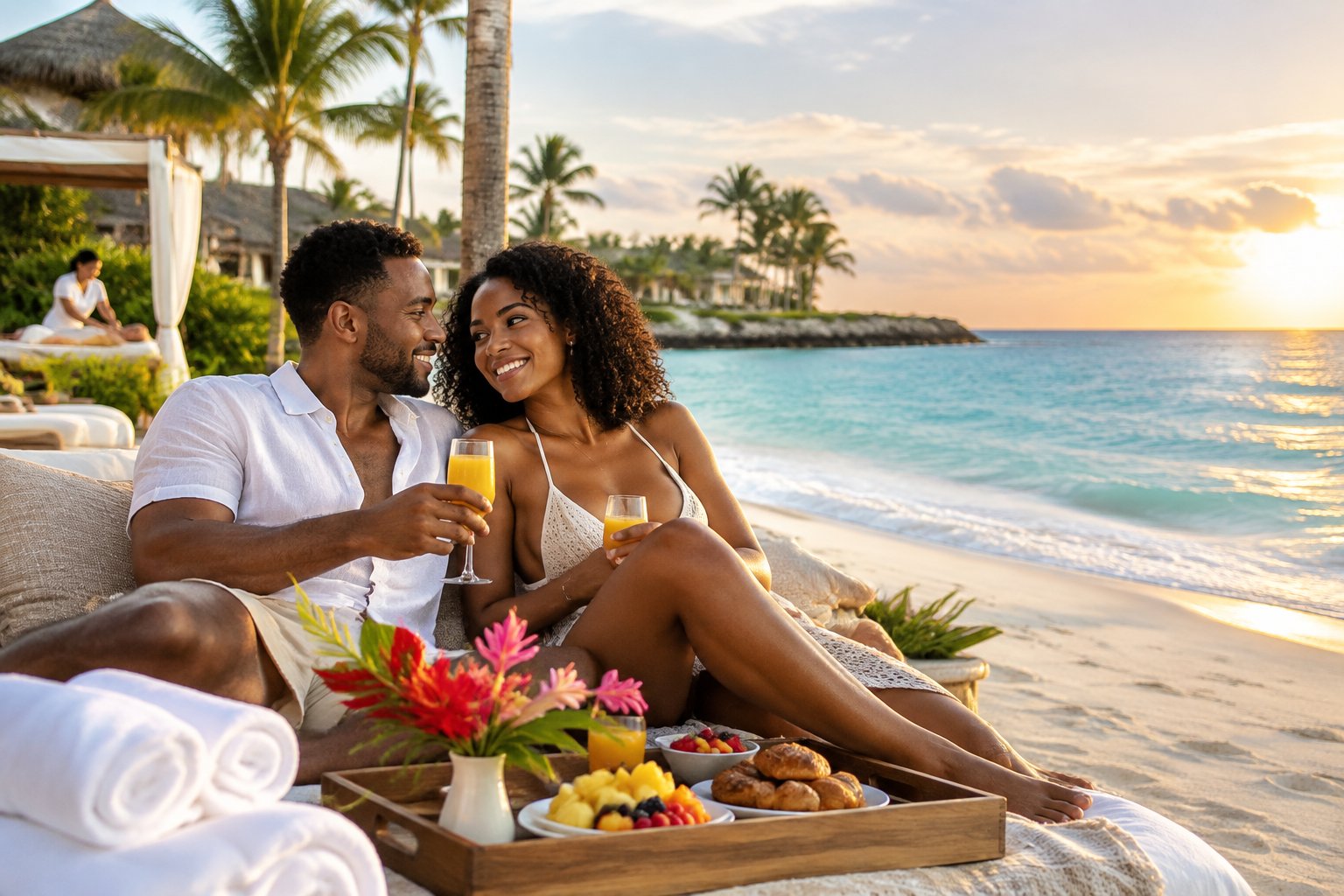 Newlywed couple enjoying a romantic beachside breakfast at a luxury Dominican Republic resort.