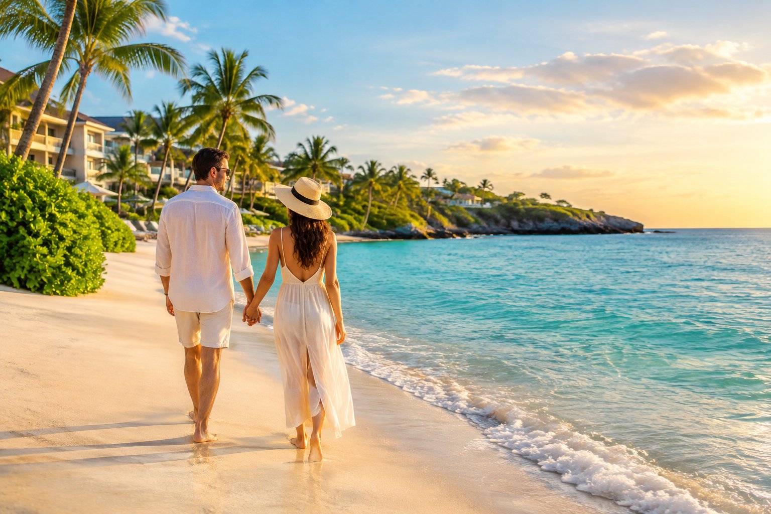 A couple walks hand in hand along a sunny tropical beach beside a Caribbean resort.