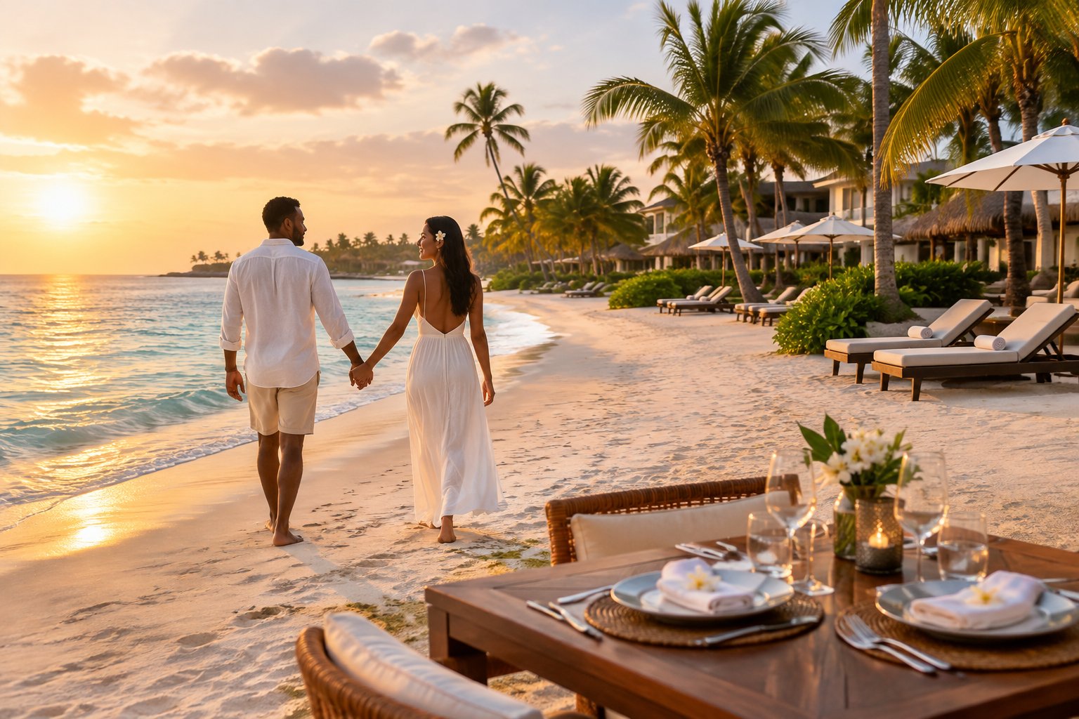A newlywed couple walks hand in hand along a sunny Dominican Republic beach beside an all-inclusive resort.