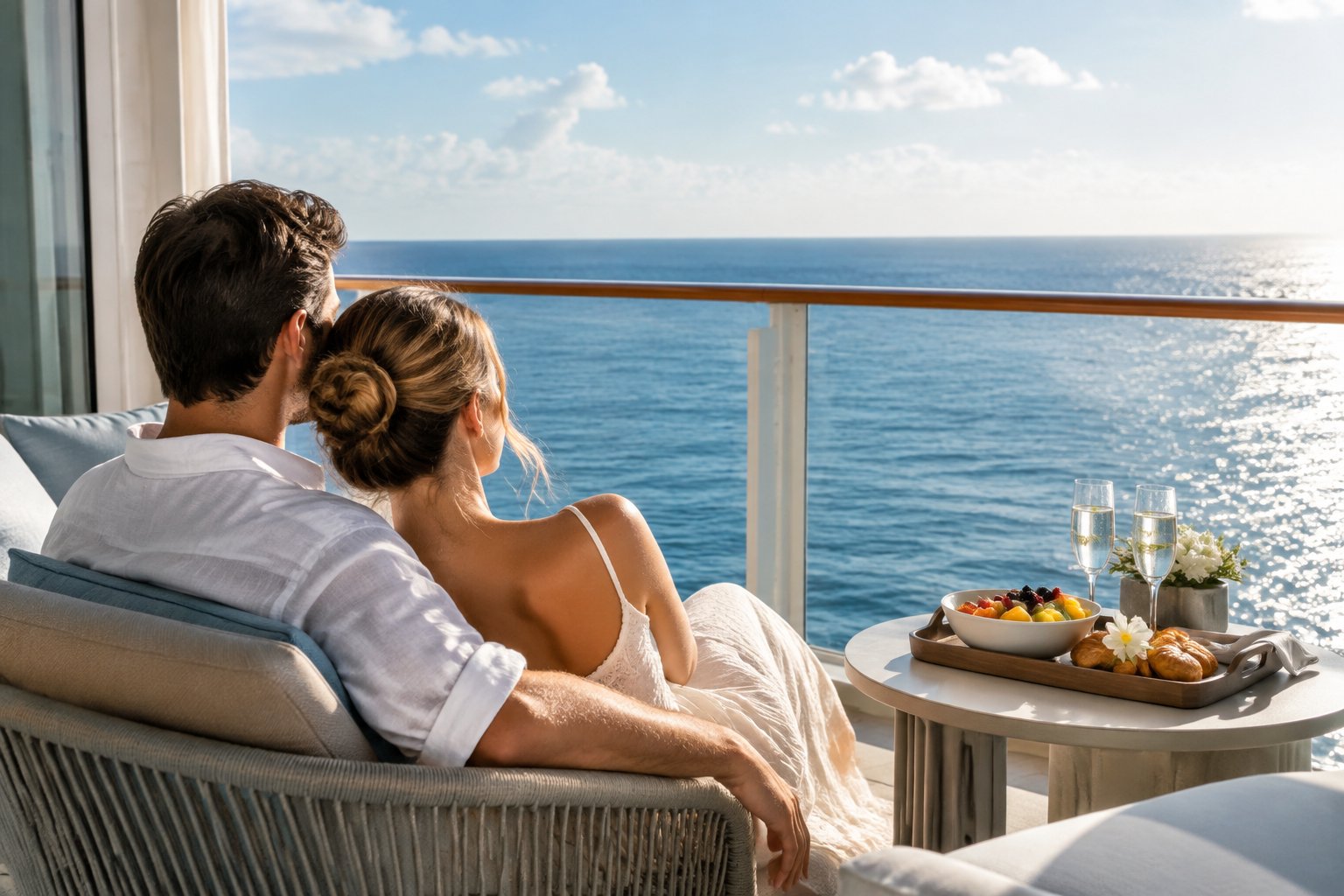 Newlywed couple relaxing on a cruise ship balcony overlooking the ocean with a breakfast tray nearby.