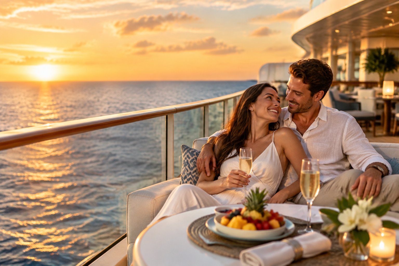 A newlywed couple enjoys a romantic sunset on the balcony of a luxury cruise ship.