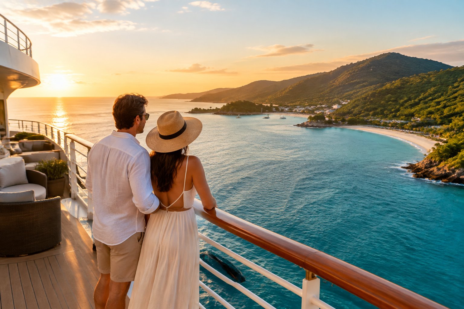 A newlywed couple watches a tropical coastline from the deck of a cruise ship.
