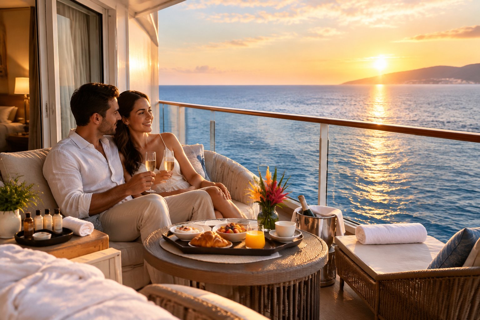 Newlywed couple relaxing on a cruise ship balcony overlooking the ocean.