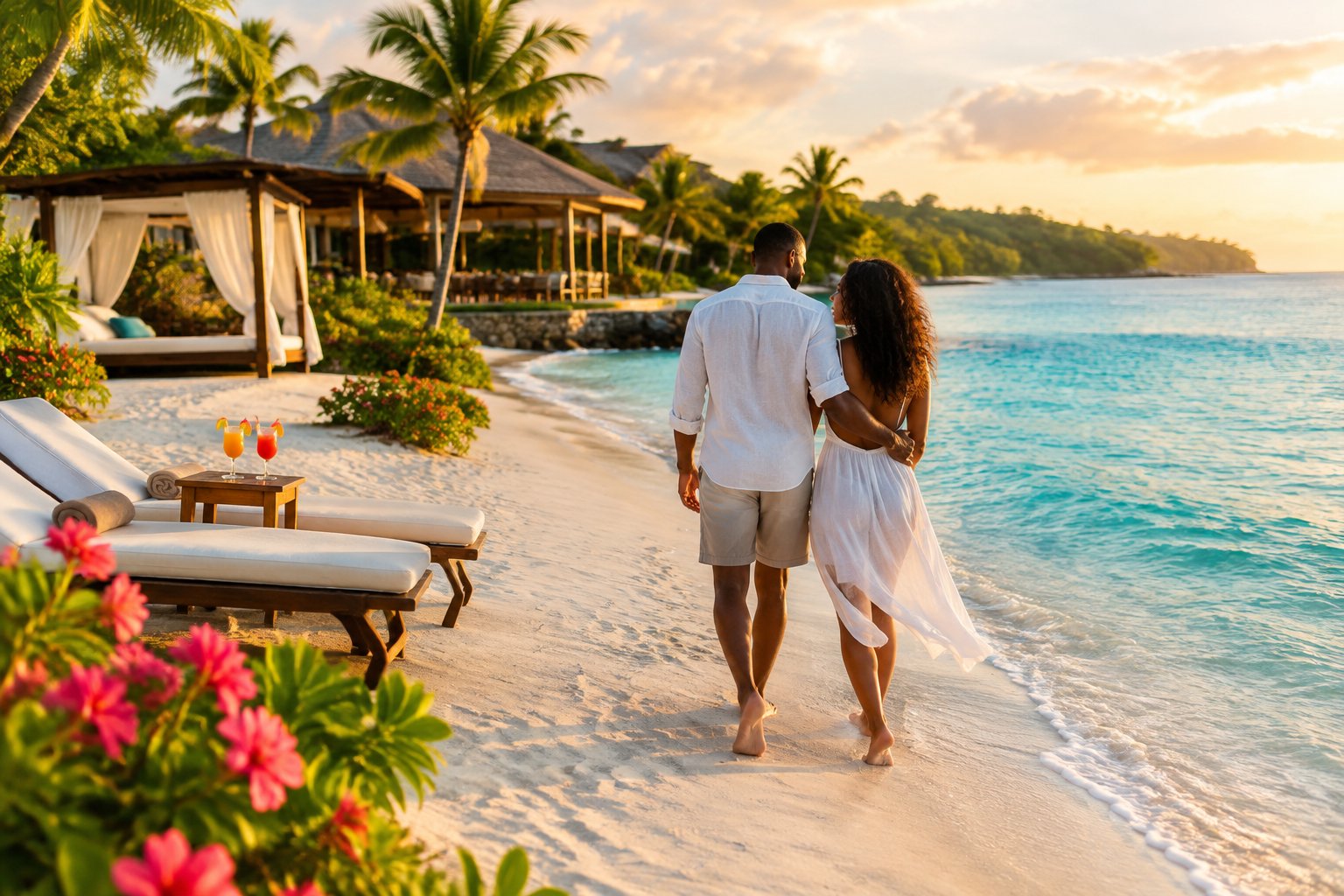 A couple walks along a sunny Jamaican beach beside a luxurious tropical resort.
