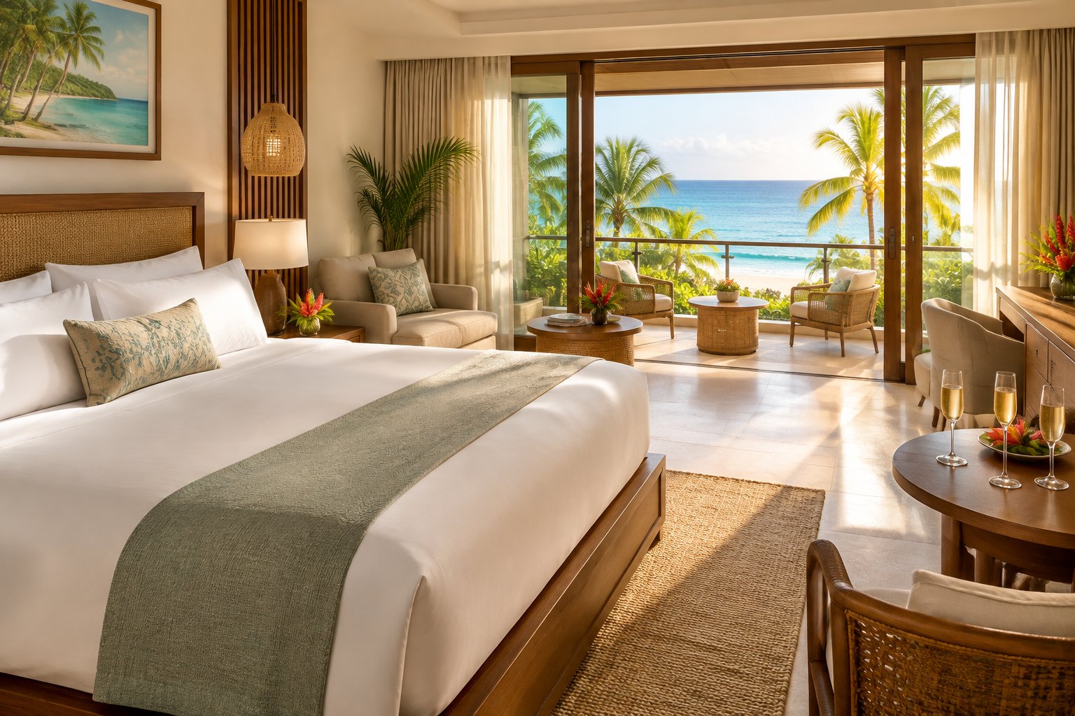 Luxurious honeymoon suite with an ocean view, tropical balcony, and Caribbean scenery.