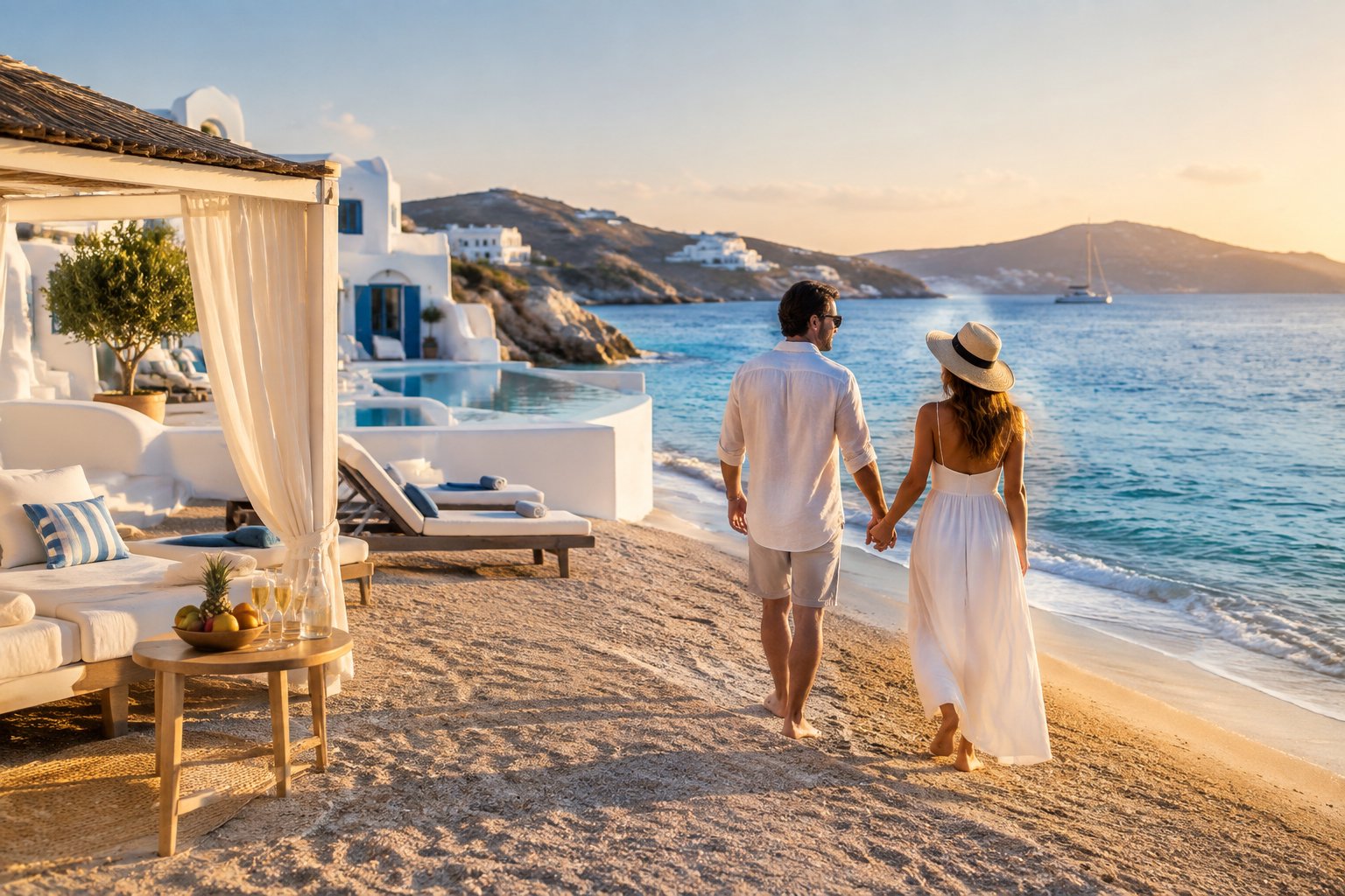 A couple walks hand in hand along a sunny Greek beach beside a luxurious white resort.