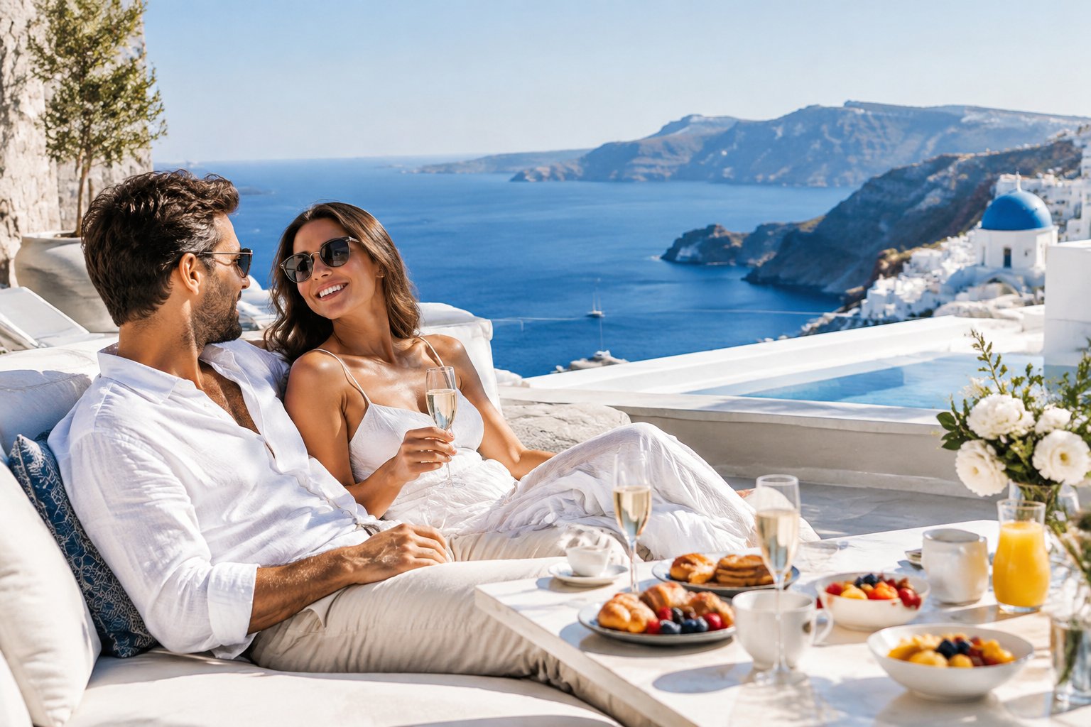 Newlywed couple relaxing on a luxury Greek seaside resort terrace overlooking the Aegean Sea.