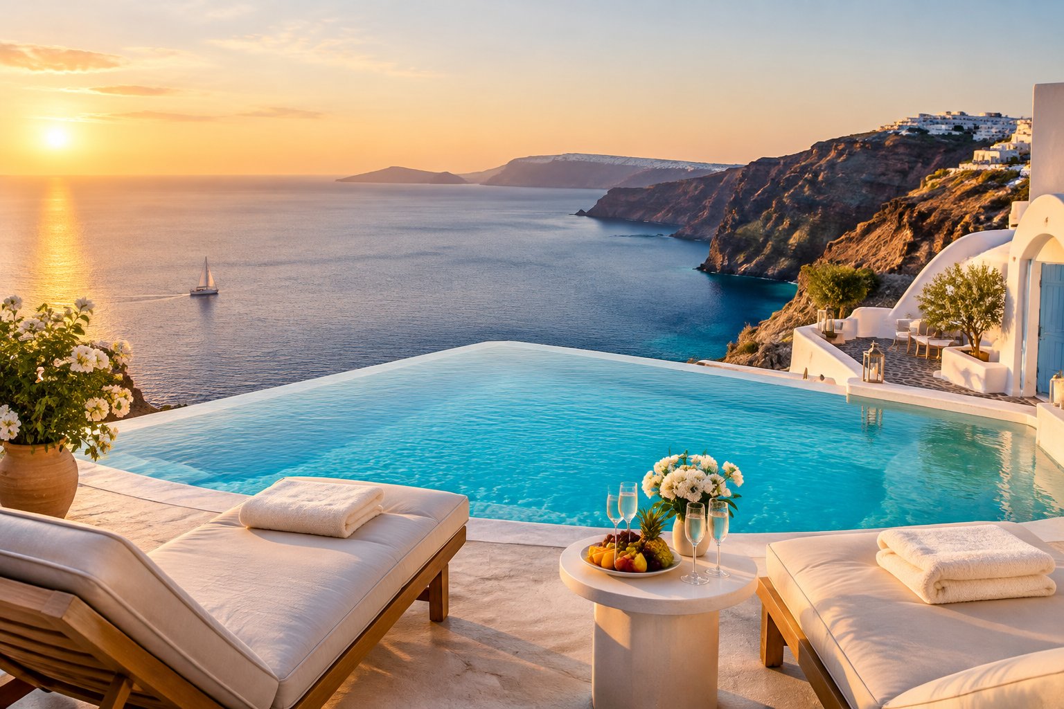 A luxury Greek island resort terrace and infinity pool overlooking the Aegean Sea at sunset.