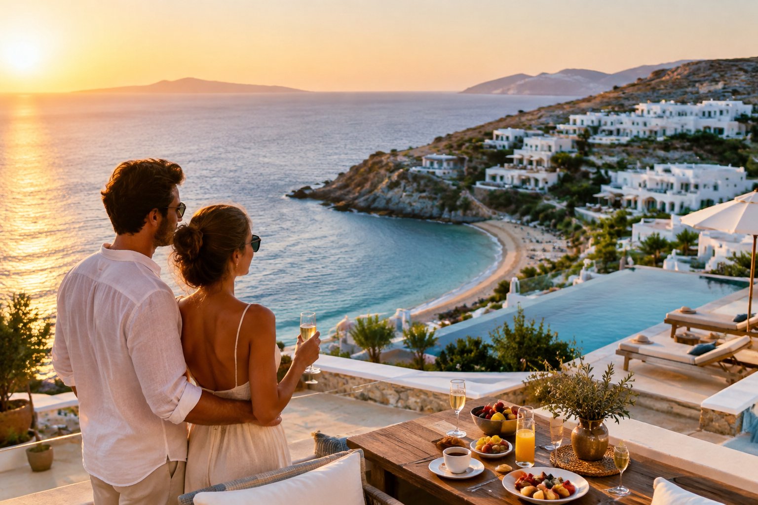 A newlywed couple overlooks a luxurious Greek seaside resort with an infinity pool and turquoise water.