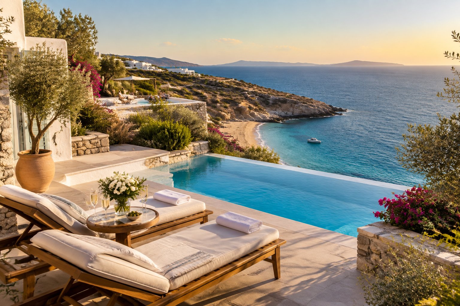 A luxurious Greek seaside resort with an infinity pool, private terrace, and views of the Aegean Sea.