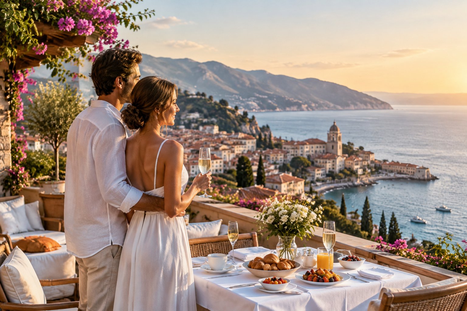 Newlywed couple enjoying champagne on a sunny Mediterranean terrace overlooking a European coastal town.