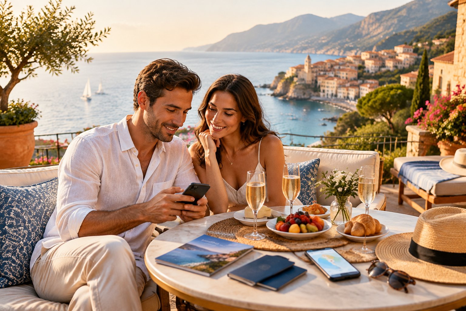 A newlywed couple chooses travel options while relaxing on a Mediterranean terrace overlooking a European coastal town.