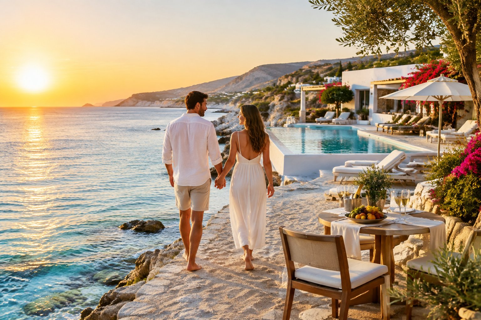 A newlywed couple walks along a Mediterranean beach beside a luxury seaside resort at sunset.