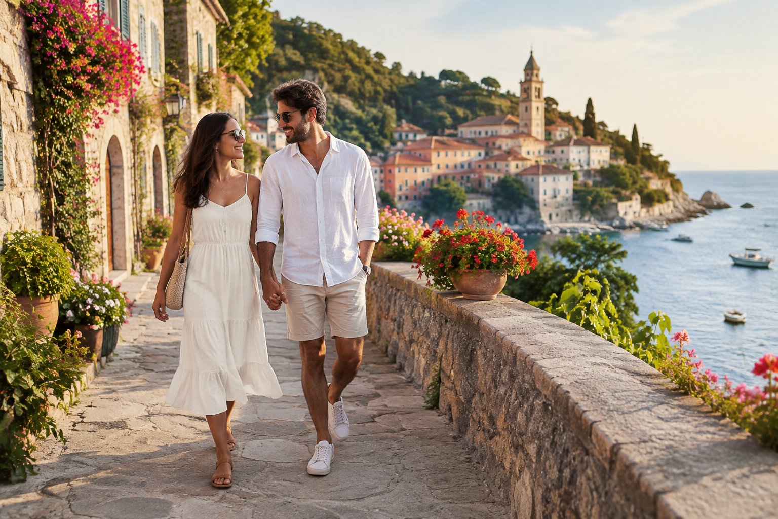 Newlywed couple walking through a sunny European coastal village beside the sea.