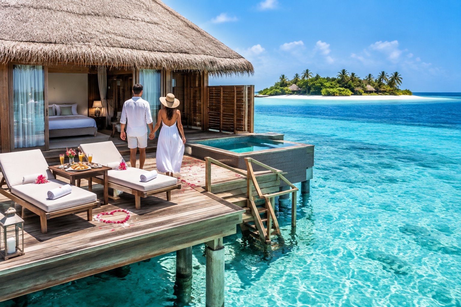 A couple walks hand in hand on the deck of a luxury overwater villa above a turquoise Maldivian lagoon.