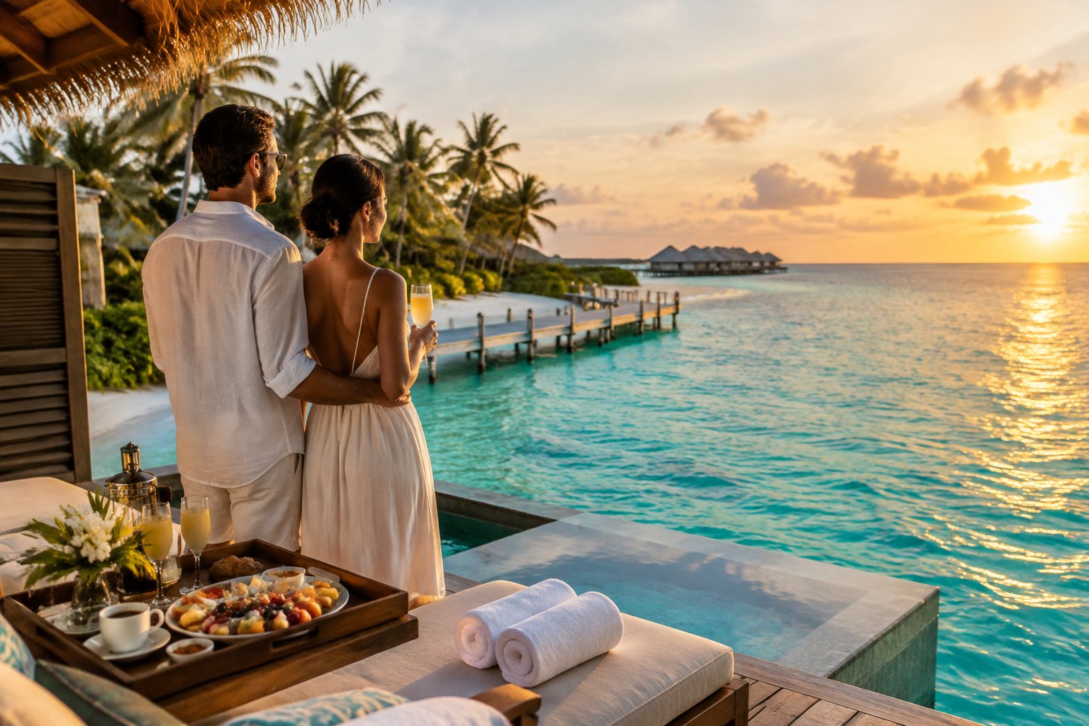 A newlywed couple enjoys a breakfast tray on the deck of an overwater villa overlooking a turquoise Maldivian lagoon.