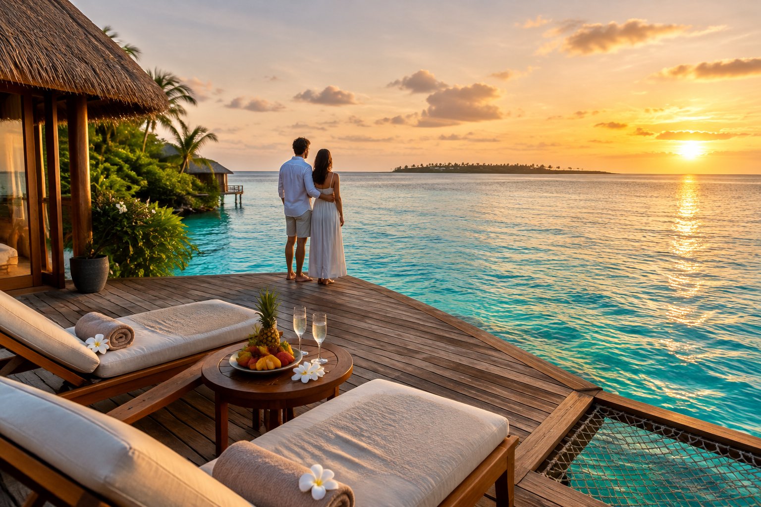 A couple admires the sunset from a private overwater villa deck in the Maldives.
