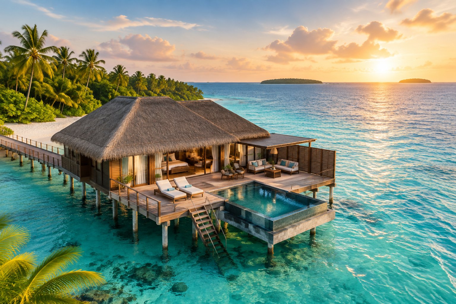 An elegant overwater villa with a private deck and pool surrounded by turquoise Maldivian lagoon water and lush tropical greenery.