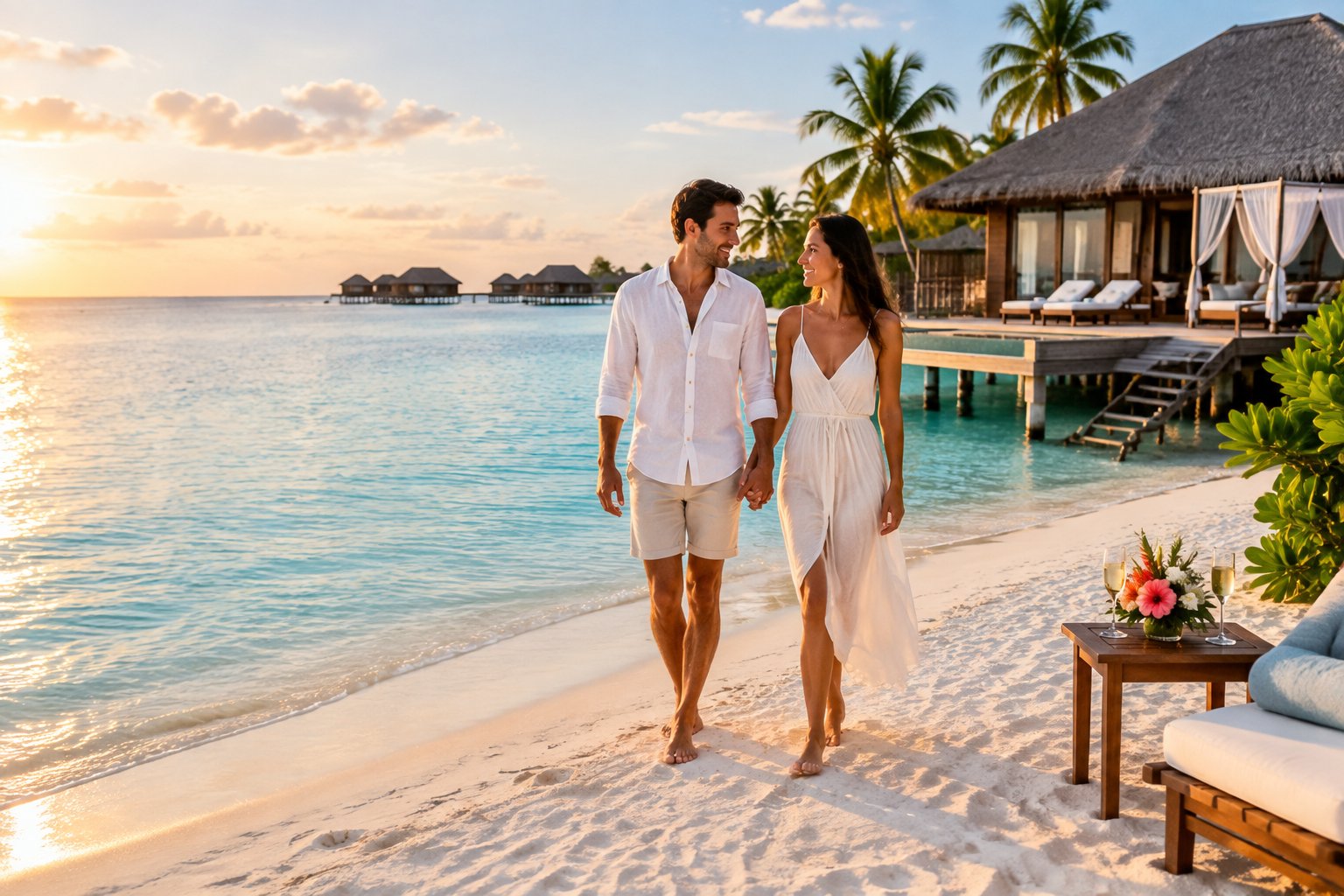 Newlywed couple holding hands on a white-sand beach beside a turquoise lagoon at a Maldivian overwater resort.
