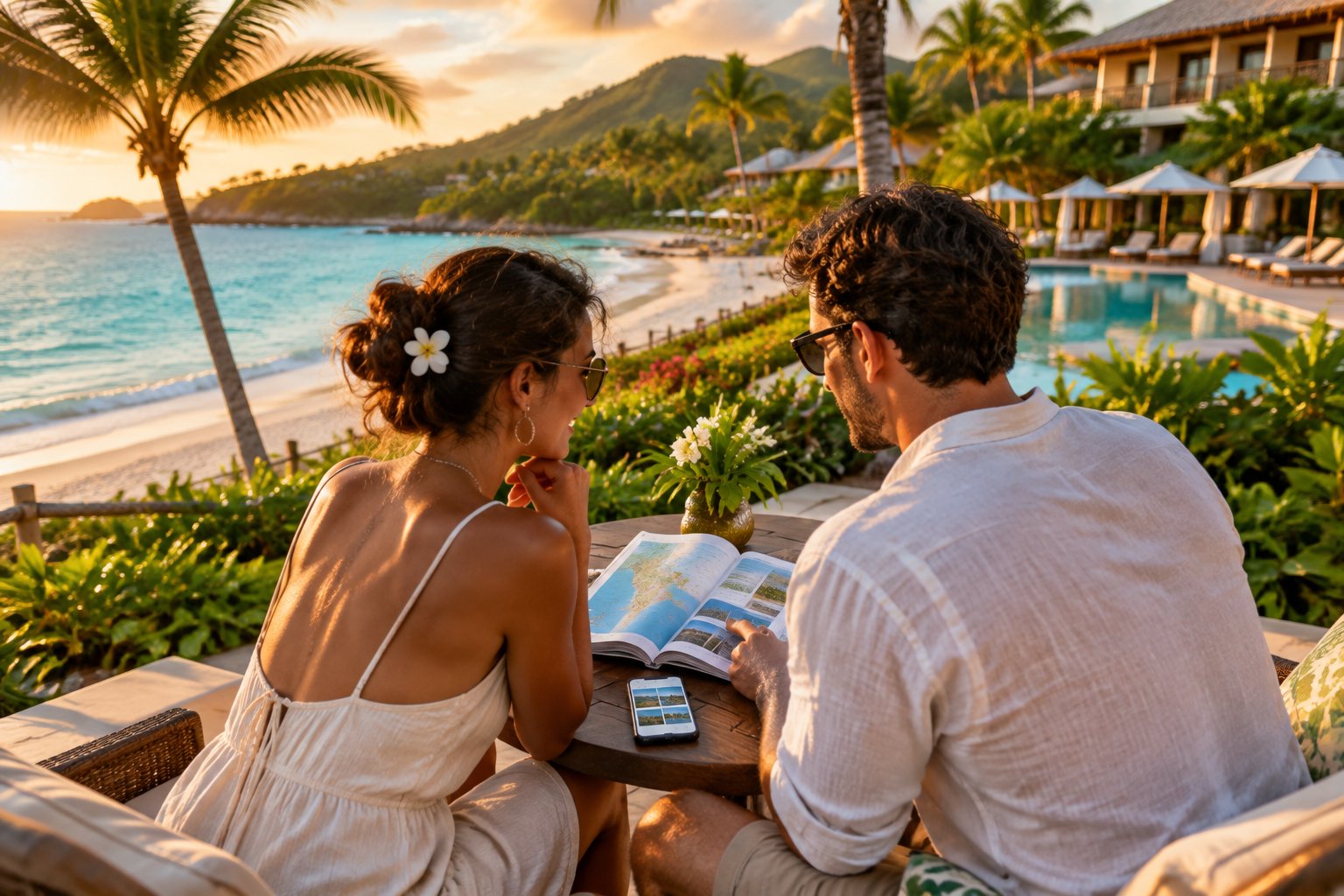 A newlywed couple compares honeymoon resort options beside a tropical Dominican Republic beach.