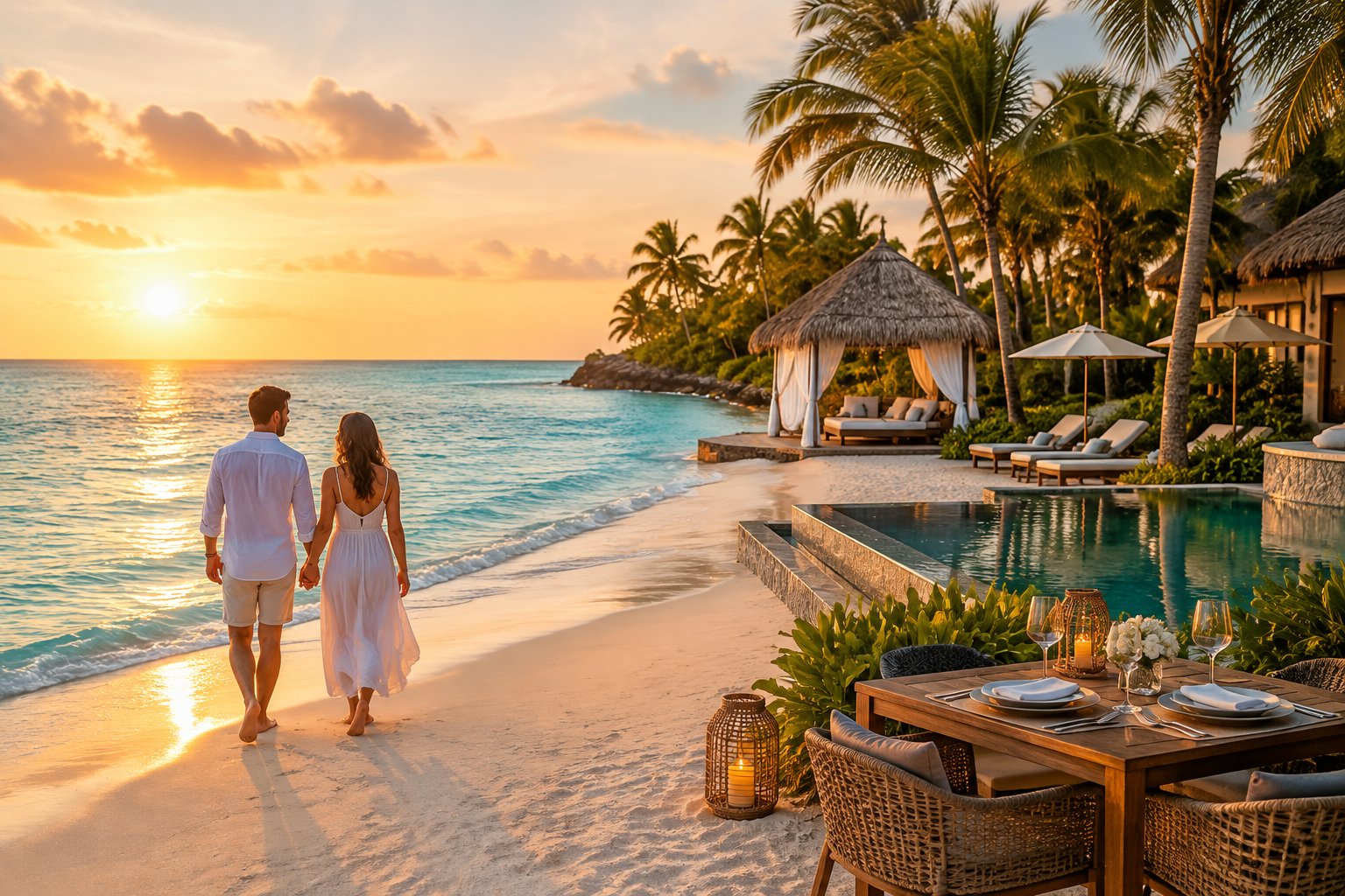 A couple walks along a tropical Dominican Republic beach beside a luxurious resort at sunset.