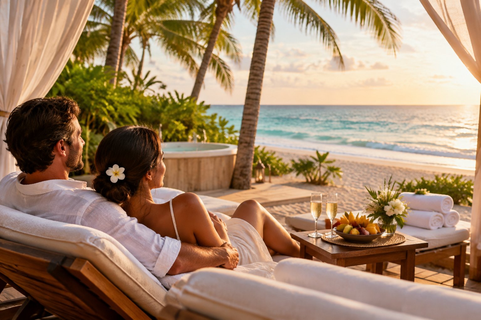 A newlywed couple relaxes in a tropical beachfront cabana with champagne, fruit, and ocean views.