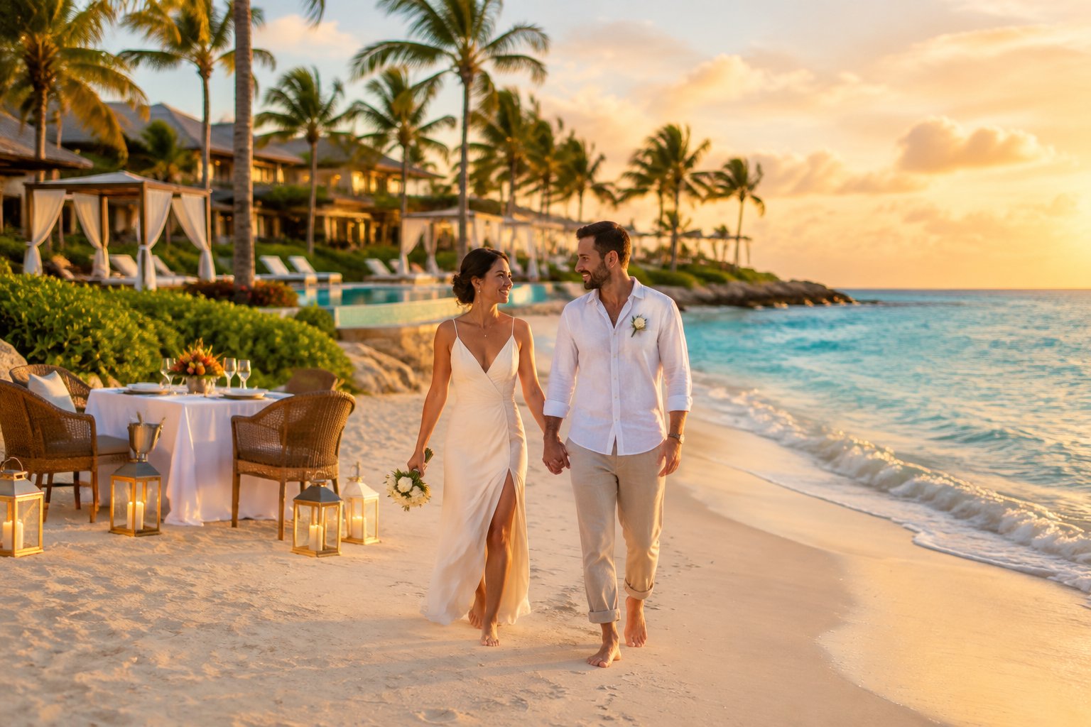 A newlywed couple walks hand in hand on a tropical Aruba beach beside a luxurious resort.