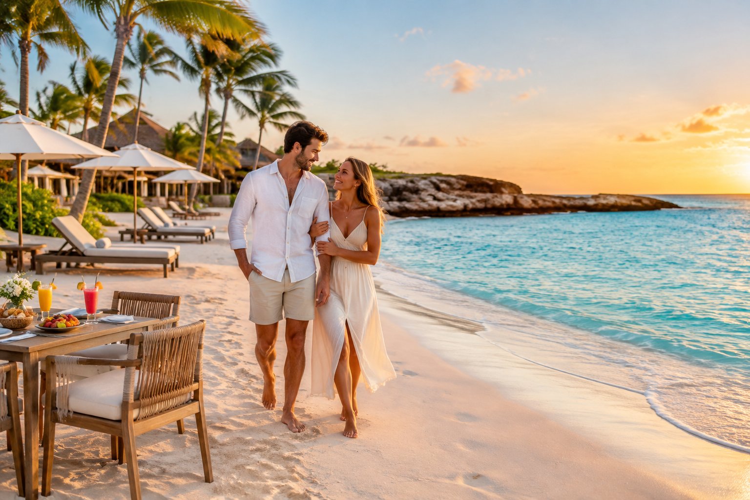Newlywed couple walking along an Aruba beach near a luxury resort with a romantic dinner setup.