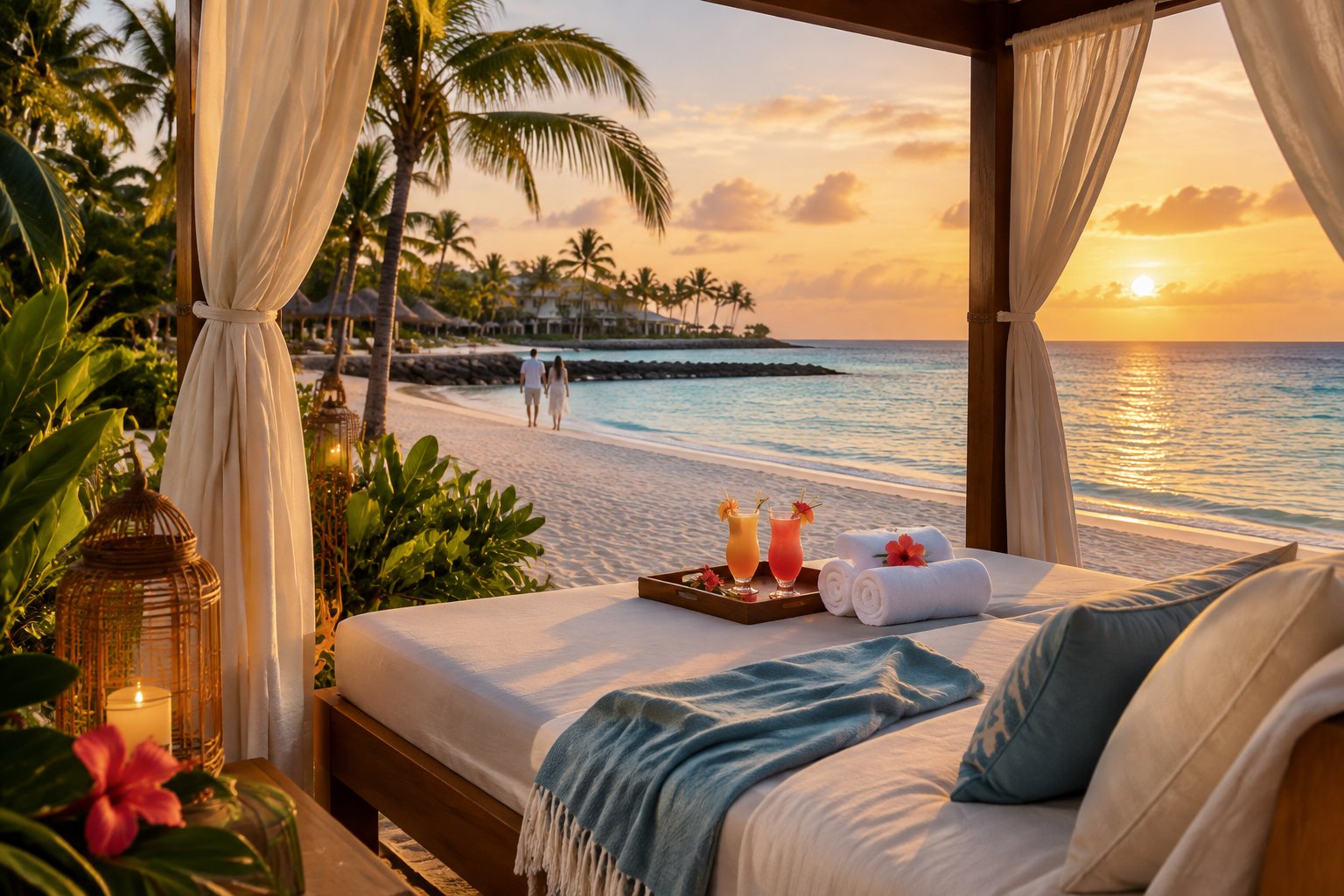 A romantic beachfront resort cabana overlooking turquoise Caribbean water in Aruba.