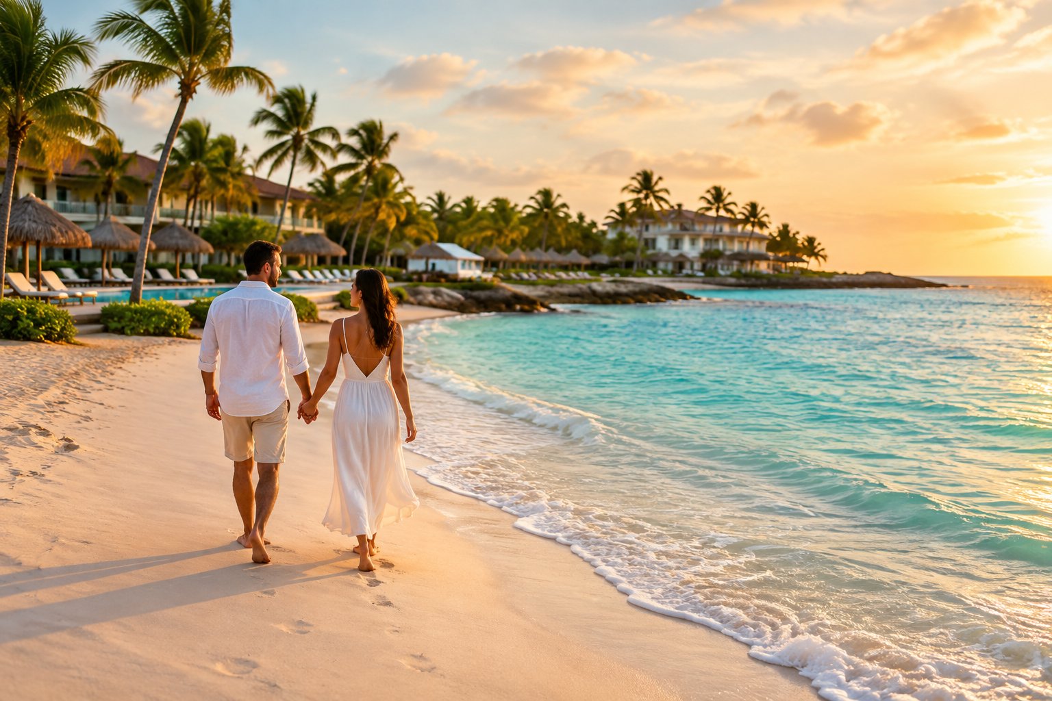 A honeymoon couple walks hand in hand along a sunny Aruba beach near a tropical resort.