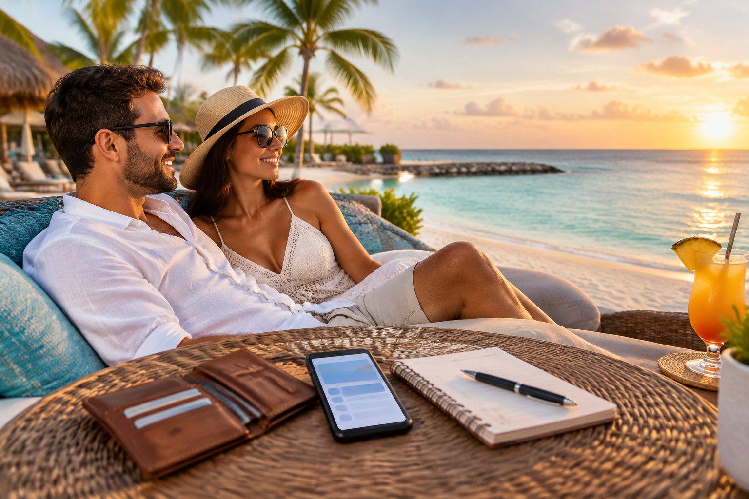A newlywed couple relaxes at a beachfront resort in Aruba with travel-planning items nearby.
