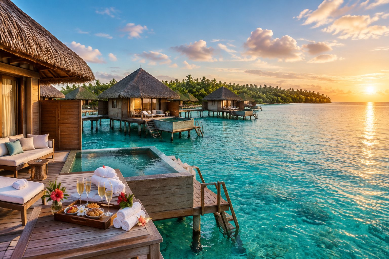 Luxury overwater honeymoon bungalows connected by a boardwalk over a clear tropical lagoon.