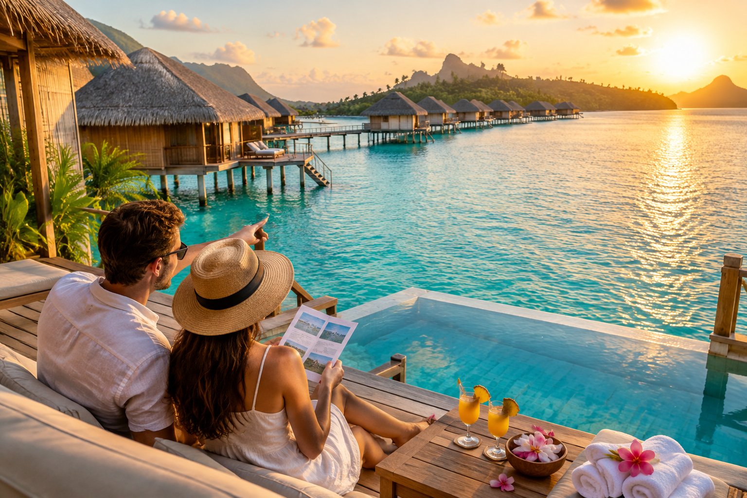 A honeymoon couple looks across a tropical lagoon lined with overwater bungalows at a luxury resort.