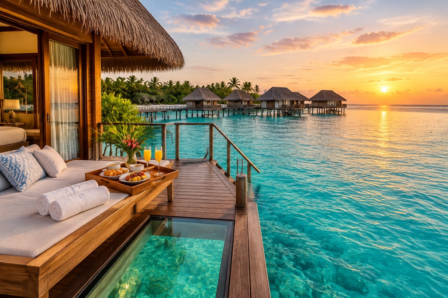 A luxurious overwater bungalow overlooking a calm tropical lagoon at sunset.