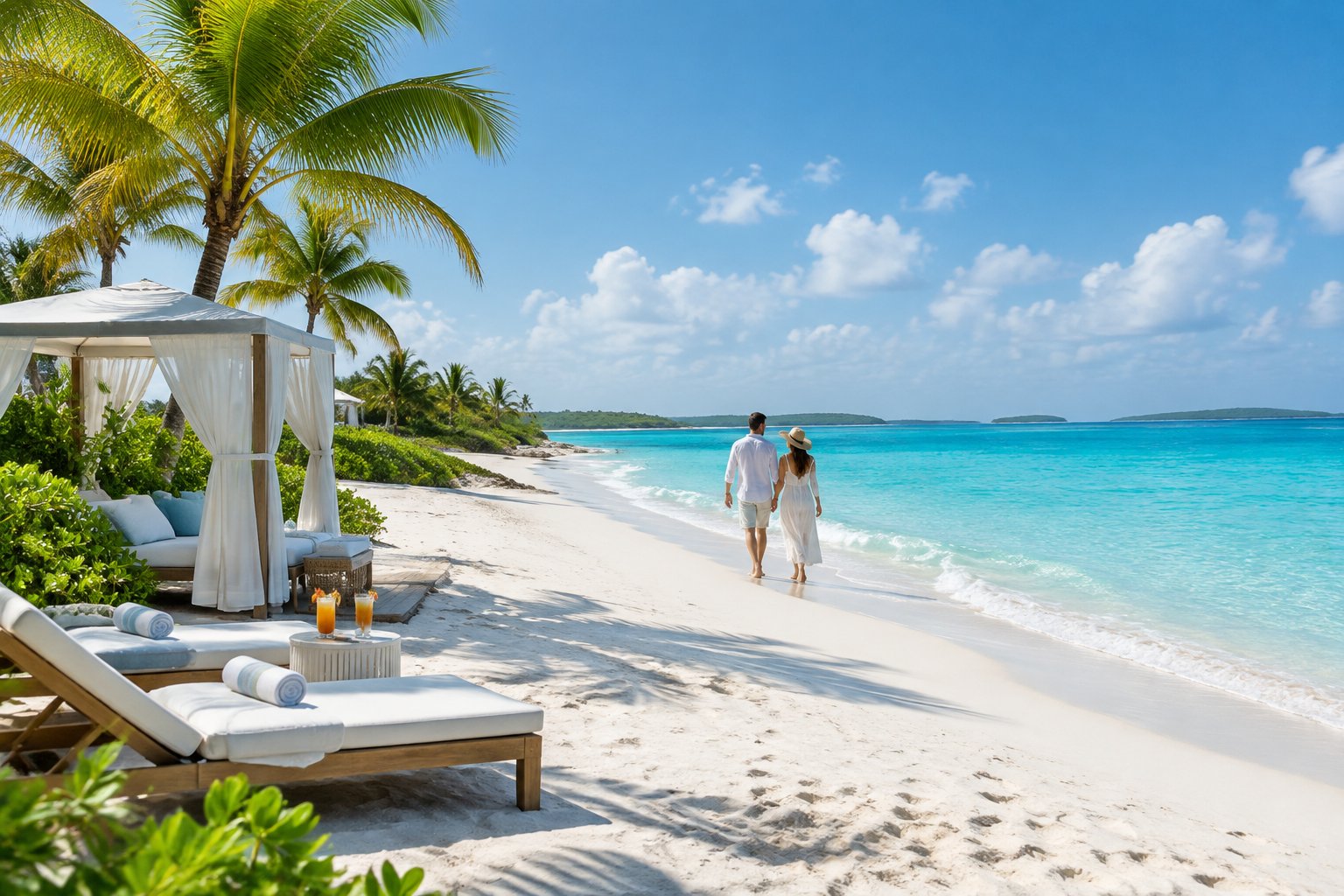 A couple walks along a white-sand beach beside clear turquoise water in Turks and Caicos.