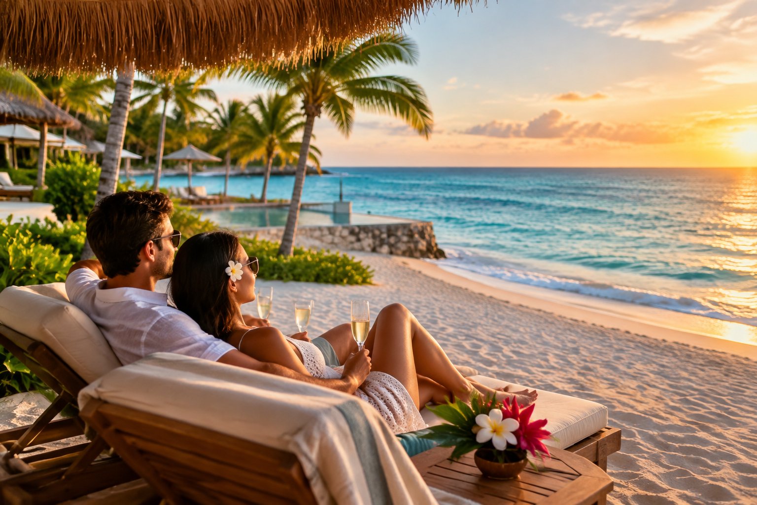 Newlywed couple relaxing at a tropical beachfront resort in Mexico.