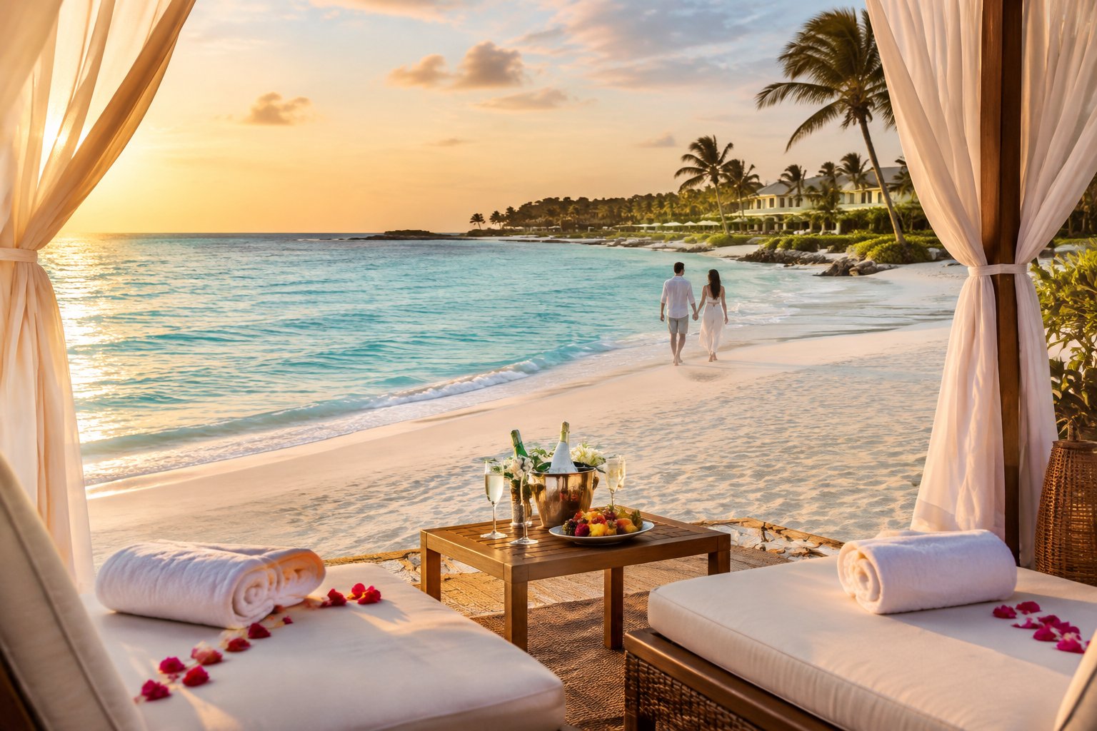 A couple walks along a white-sand beach beside a luxurious tropical resort in Turks and Caicos.