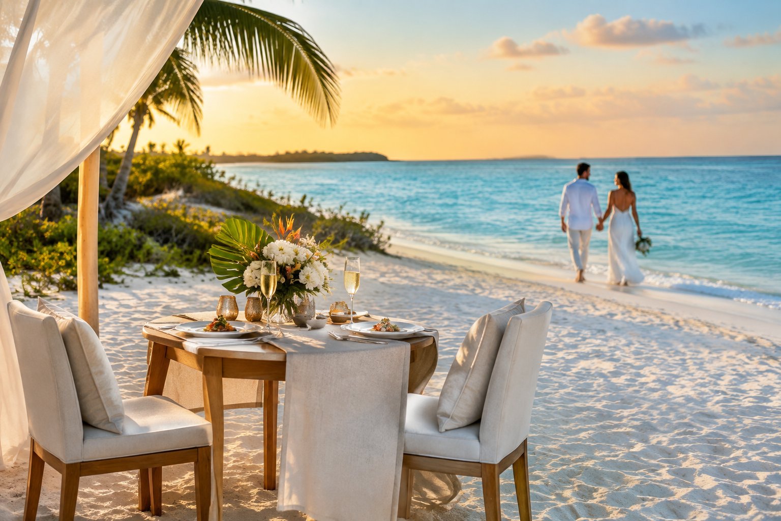 A couple walks along a tropical beach beside a romantic private dinner setup at sunset.