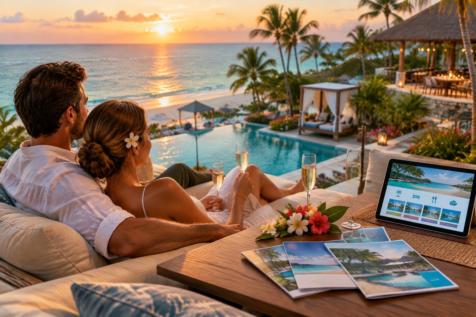 A newlywed couple relaxes on a tropical resort terrace overlooking the Caribbean Sea.
