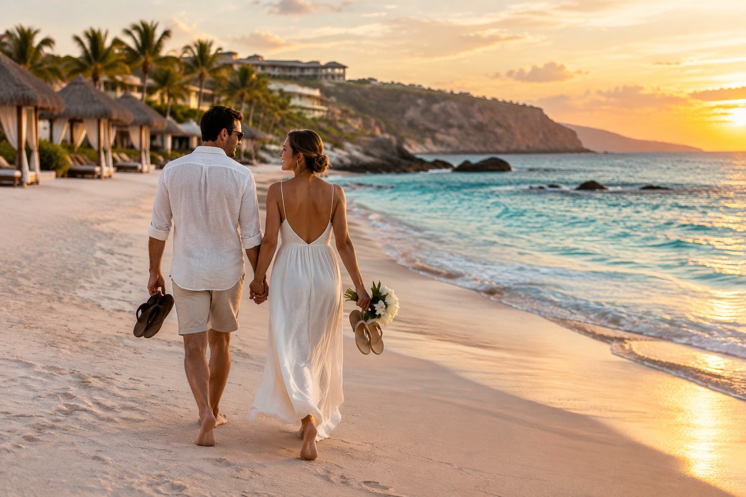 Newlywed couple walking along a tropical beach beside a luxury resort at sunset.